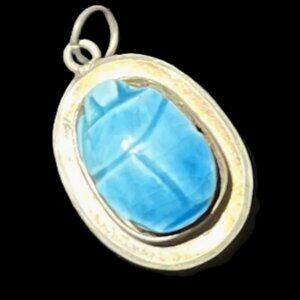 🆕Vintage Sterling Silver Turquoise Faience Scarab Pendant | Egyptian Revival